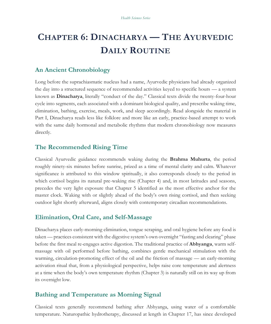 Chapter 6 page on Dinacharya, the Ayurvedic daily routine