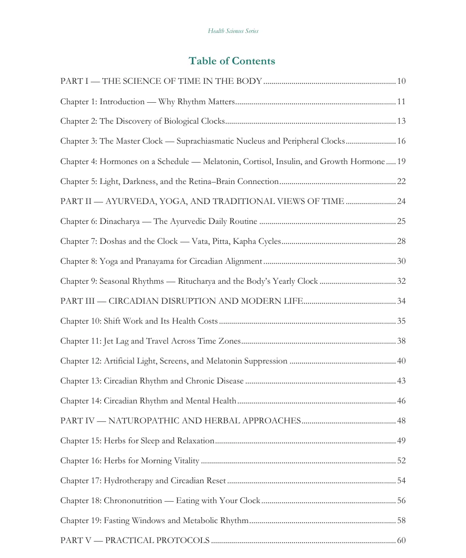 Table of contents page listing Parts I to V